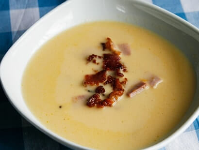 Beer and Cheddar Soup with Smoked Ham