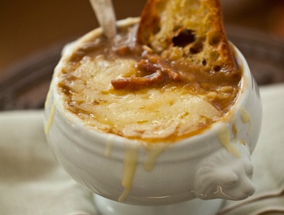Caramelized Onion Soup with Gruyere and Garlic Crostini